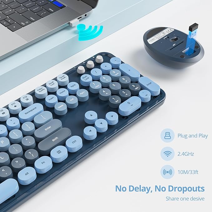Owpkeenthy Retro Keyboard and Mouse Wireless, Cute Colorful Keyboard with Retro Typewriter Style Full-Sized with Number Pad Round Keys for Desktop, Laptop and Computerr (Gradient Blue)