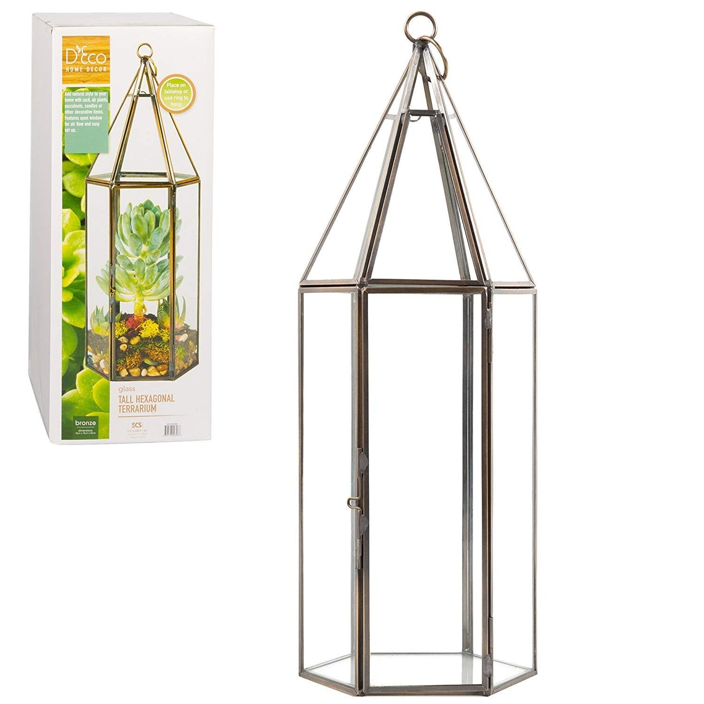 D'Eco Glass Geometric Plant Terrarium (5x5x14) - Indoor Tabletop Bronze Tall Hexagon Planter - Succulents, Air Plants, Moss - Home Garden Office Decor - Great Holiday (Terrarium Only)