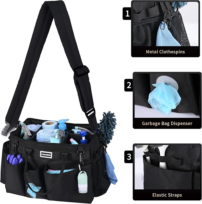 Large Cleaning Caddy Organizer with Handle, Sponge Shoulder Strap Cleaning Supplies Organizer with Foldable Dividers Zipper Pocket for Cleaners Housekeepers