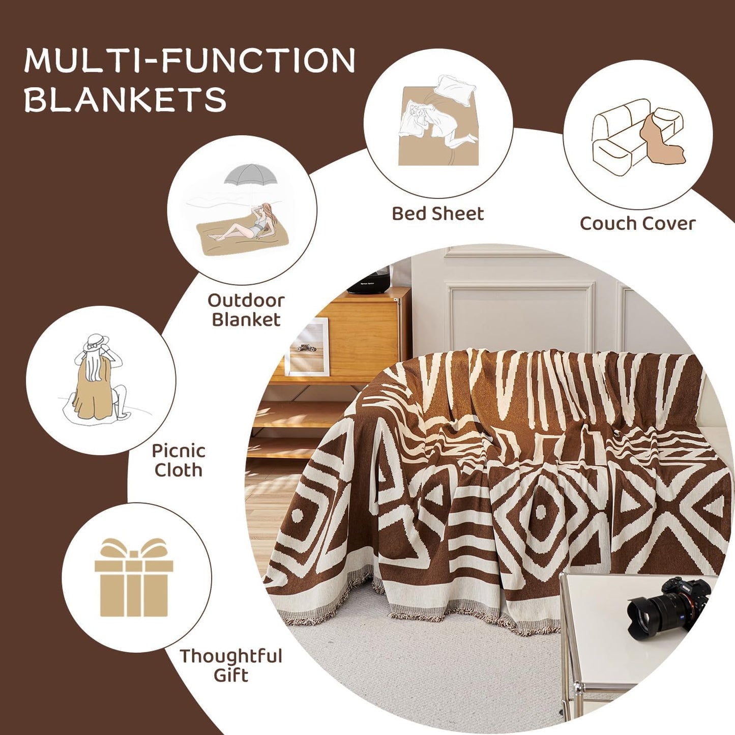STACYPIK Boho Chocolate Beige Sofa Cover Anti-Slip Reversible Couch Cover for 2 Cushion Couch Soft Chenille Armchair Slipcovers L Shaped Cover for Sectional Furniture Protector for Kids Dogs-71X90IN