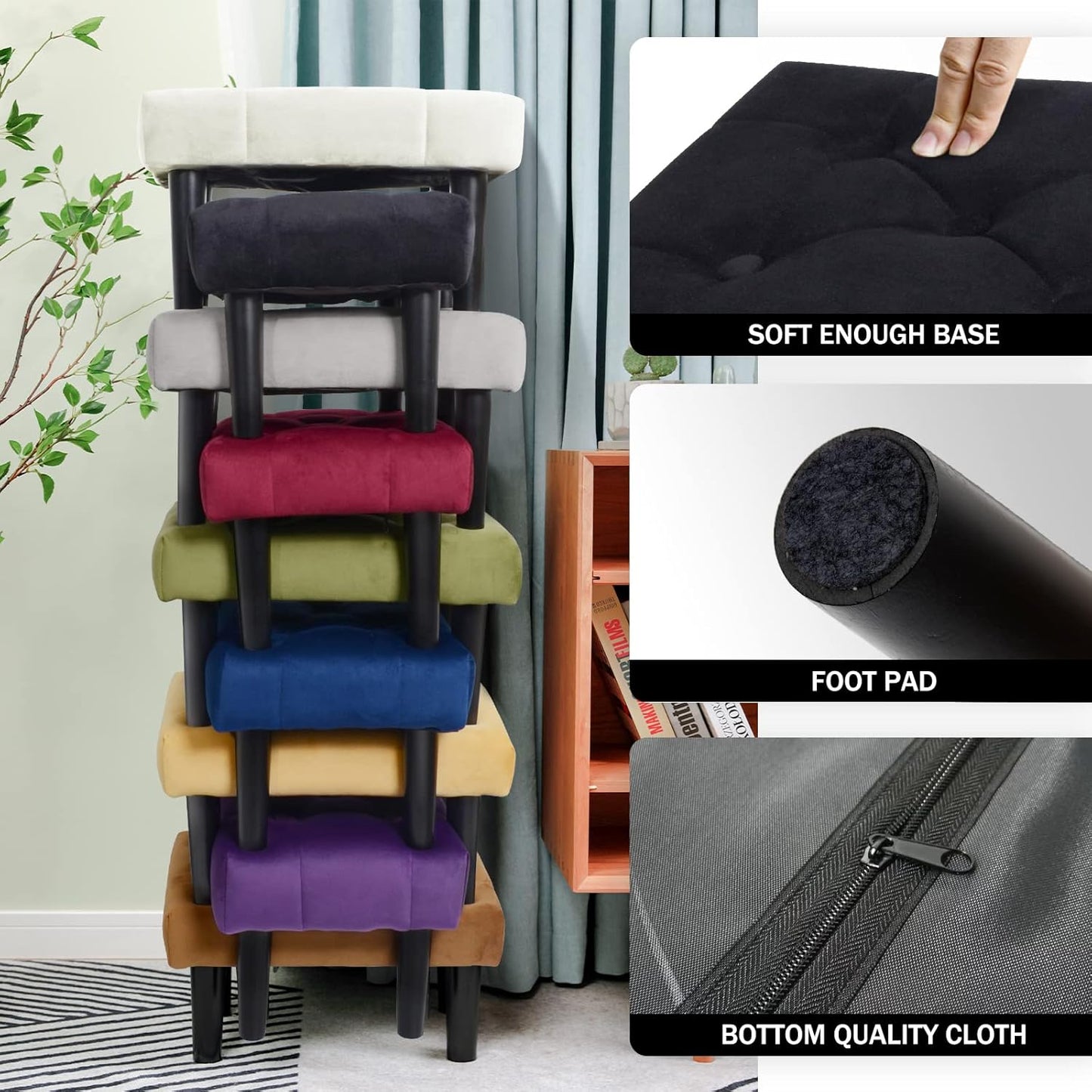 HOUCHICS Small Footstool Ottoman,Velvet Soft Footrest Ottoman with Wood Legs,Sofa Footrest Extra Seating for Living Room Entryway Office(Black 2PACK)