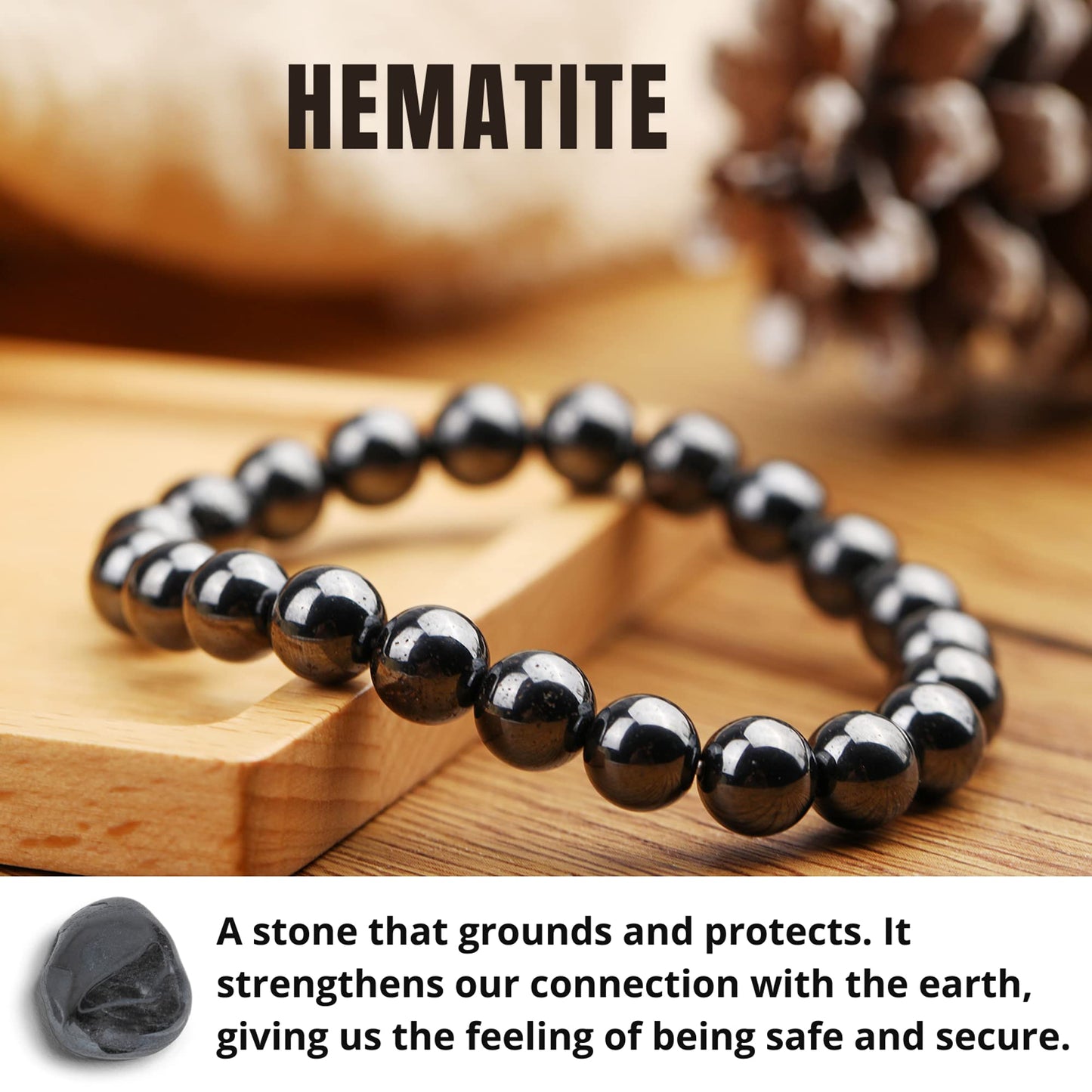 Hematite Bracelet for Women | Natural Real Hematite Stone 8mm Beaded Bracelet | Grounding Crystal Jewelry Gift for Her - Elastic Adjustable Size