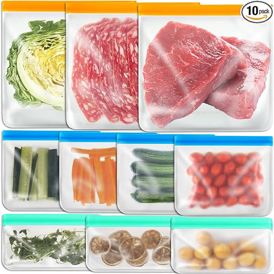10 Pack Reusable Food Storage Silicone Bags, 3 Large Food Storage Bags Gallon Freezer Bags 4 Reusable Sandwich Bags 3 Snack Bags, Lunch Home Kitchen Fridge Organization Meal Prep Containers