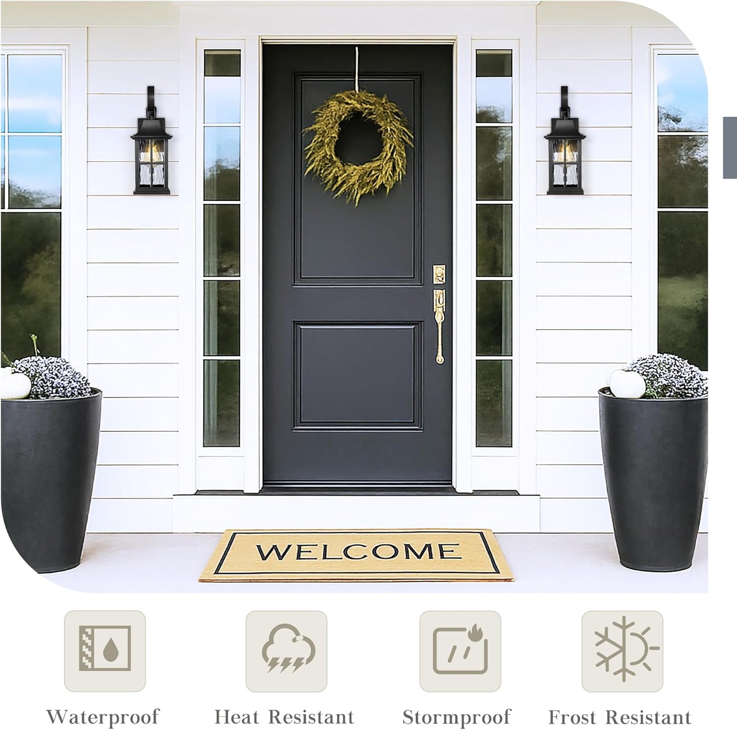 Emliviar 2 Pack 15.4 Inch Porch Lights Outdoor, Water Ripple Glass Shade Wall Sconce Lantern in Black Finish, E26 Socket Wall Lanterns for House, YXE306B-2PK BK-SW