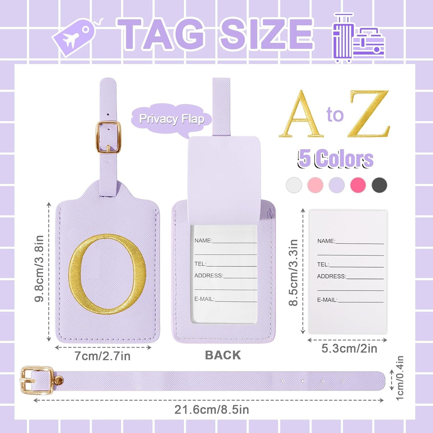 Personalized Initial Luggage Tags for Suitcase, Purple Leather Cute Luggage Tags with Privacy Cover Name Card, Embroidered Custom Monogrammed Luggage Tag Travel Backpack Tags Gifts for Women Kids(O)