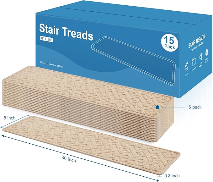 Stair Treads for Wooden Steps, 8" X 30" Non Slip Stair Runner Carpet Indoor with Reusable Adhesive Backing, Soft Tread Mat for Stairs, Ideal for Home, Polyester TPR Backing Stair Rugs-Beige 15 Pack