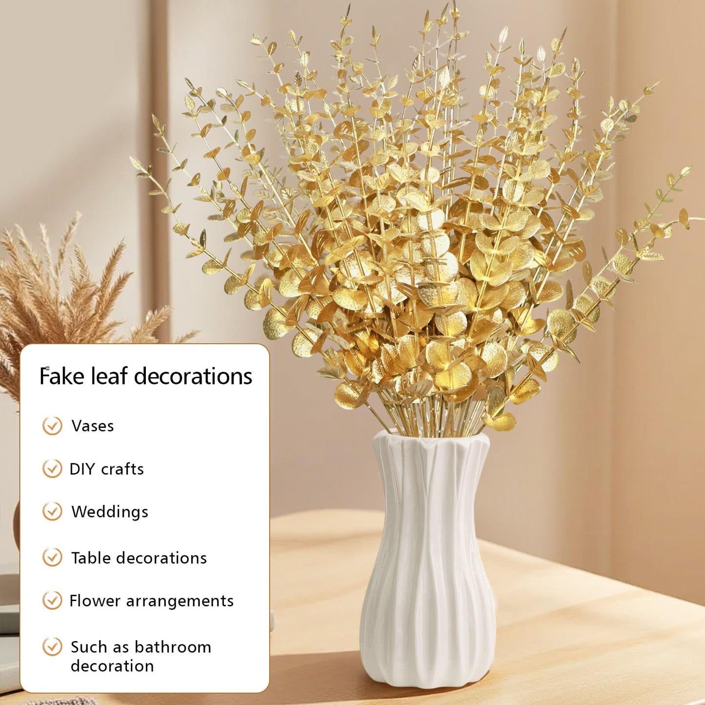 ABYCZFCD 50 Pcs Gold Flowers Gold Eucalyptus Leaves Stems 15'' Faux Eucalyptus Leaves Decor Fake for Wedding Party Bouquet House Home Farmhouse Vase DIY Craft