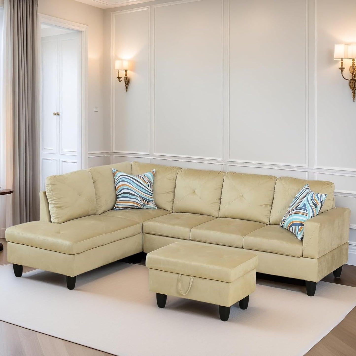 L Shaped Sectional Couch Sofa, Modern Couches for Living Room, Comfy 4 Seat Modular Sectional Sofa with Ottoman Storage for Bedroom Apartment, Beige