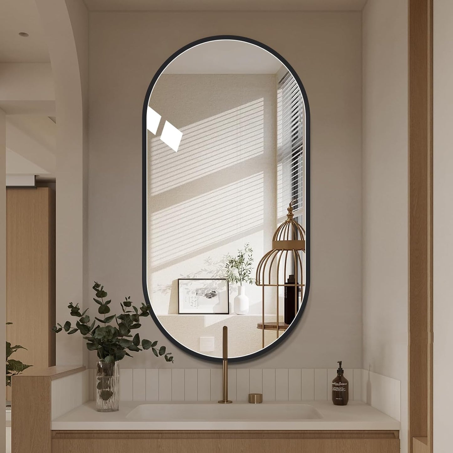 LAIYA 40x24inch Oval Wall Bathroom Mirror with Black Aluminum Frame,Wall Mounted Oval Vanity Mirrors， Explosion-Proof Glass, Waterproof Design, Easy Installation，Horizontally/Vertically