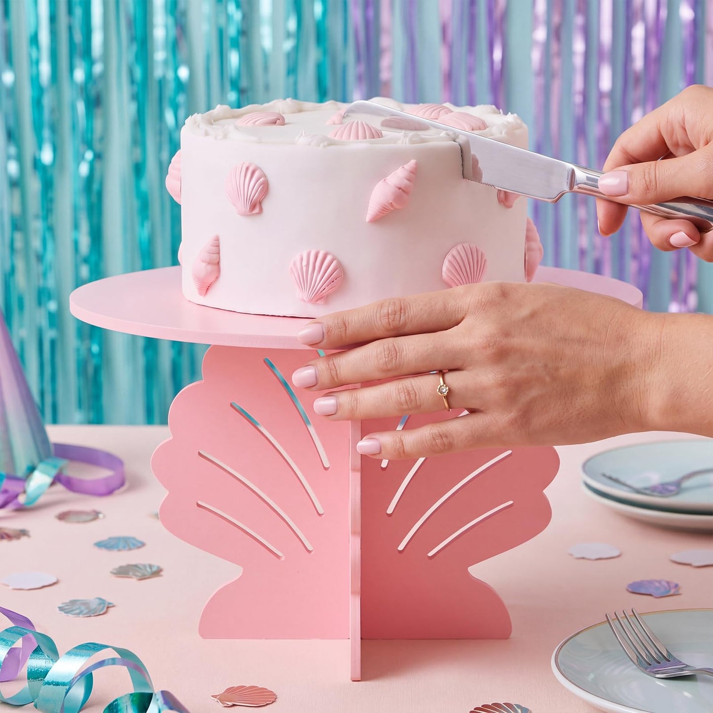 Lallisa 12" Shell Shaped Cake Stand Pink 3D Ocean-themed Party Decorations with Scalloped Base PVC Dessert Holder Centerpieces for Wedding, Birthday, Baby Shower & Tea Party Ocean-themed Supplies