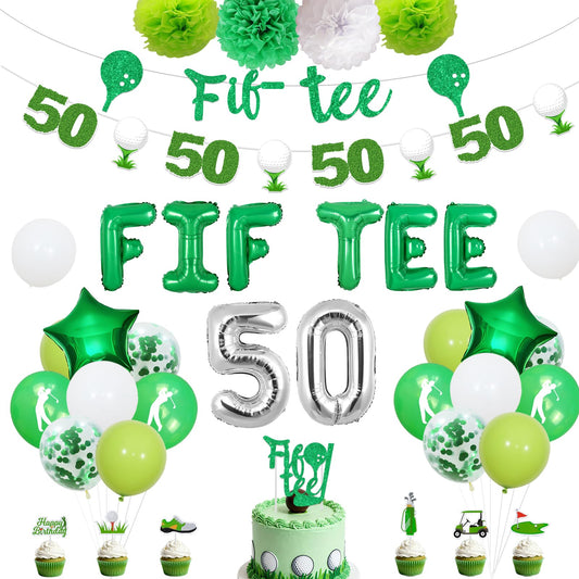 Golf 50th Birthday Party Decorations Fiftee Golf Banner Fif Tee Cake Topper Golf Theme Cupcake Toppers Garland Pom Poms for Women Men Sports 50th Birthday Party Supplies