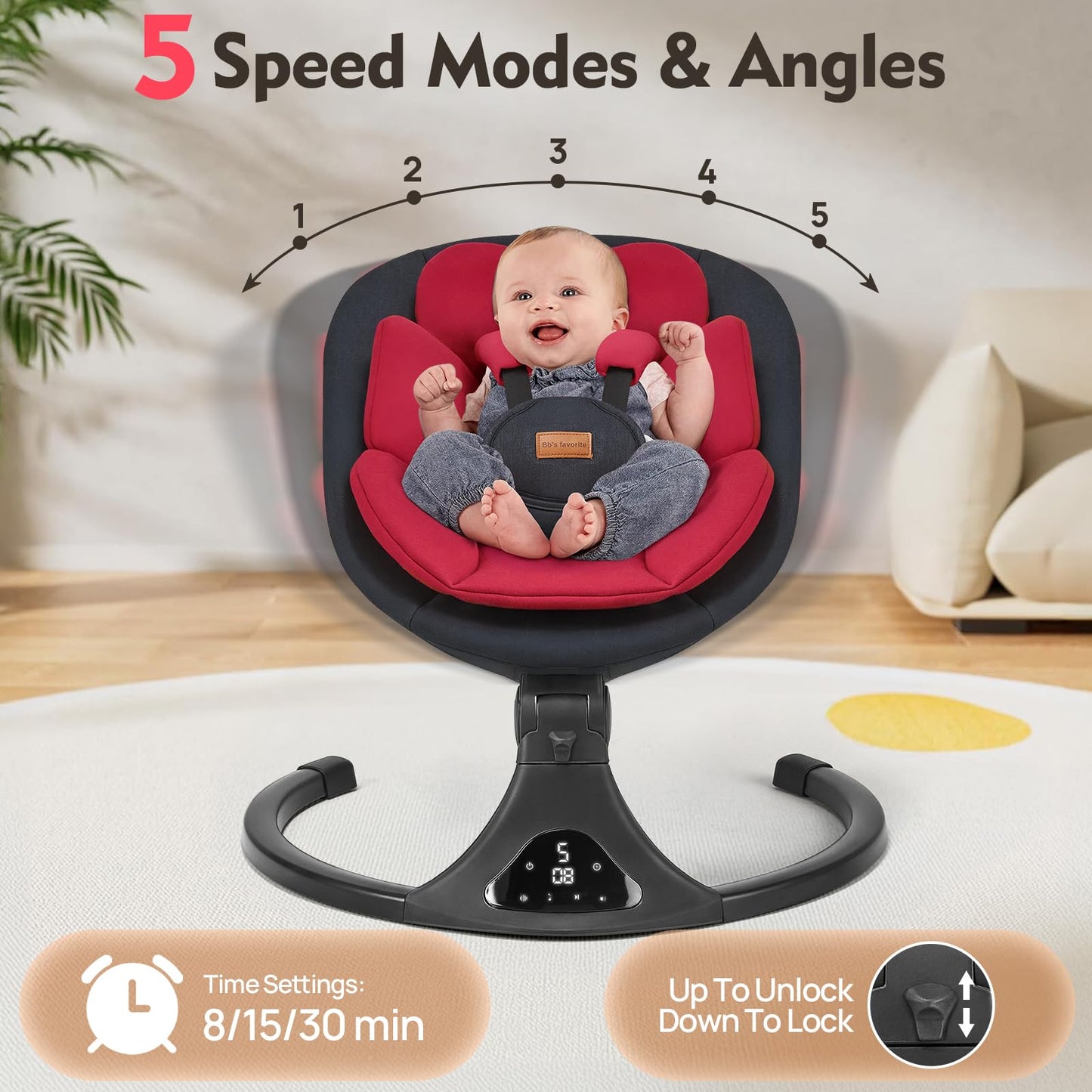Baby Swings for Infants, Portable Baby Swing for Newborns with Bluetooth, Electric Infant Swing with 5 Speed Motions, 12 Soothing Melodies & Remote Control (Max 20 lbs, Red)