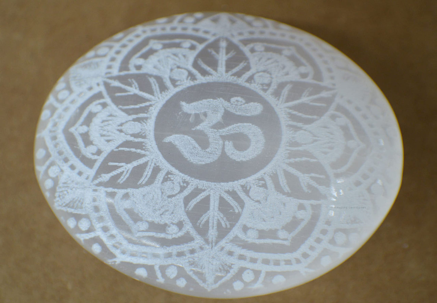 Amazing Gemstone Selenite Palm Stone - OM Engraved Hot Massage Worry Stone for Natural Body Chakra Balancing, Reiki Healing and Crystal Grid