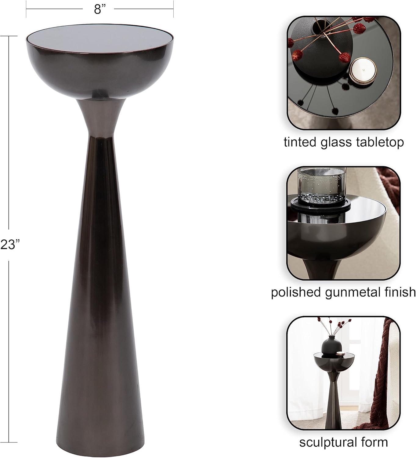 Kate and Laurel Chandon Modern Sophisticated Drink Table; 8 x 8 x 23; Gray Gunmetal; Contemporary Sculptural Plant Pedestal Table with Unique Tinted Tabletop and Polished Metallic Finish