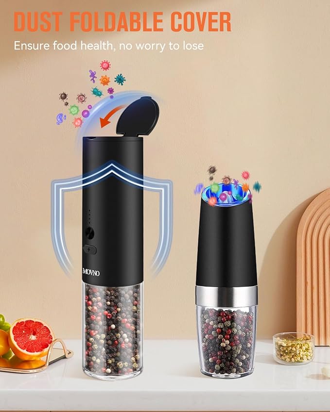 MOVNO Circuit Protection Electric Salt and Pepper Grinder Set With USB Rechargeable Adjustable Coarseness & LED Light, Large Capacity Automatic Electric Salt and Pepper Shakers Mill Set Refillable