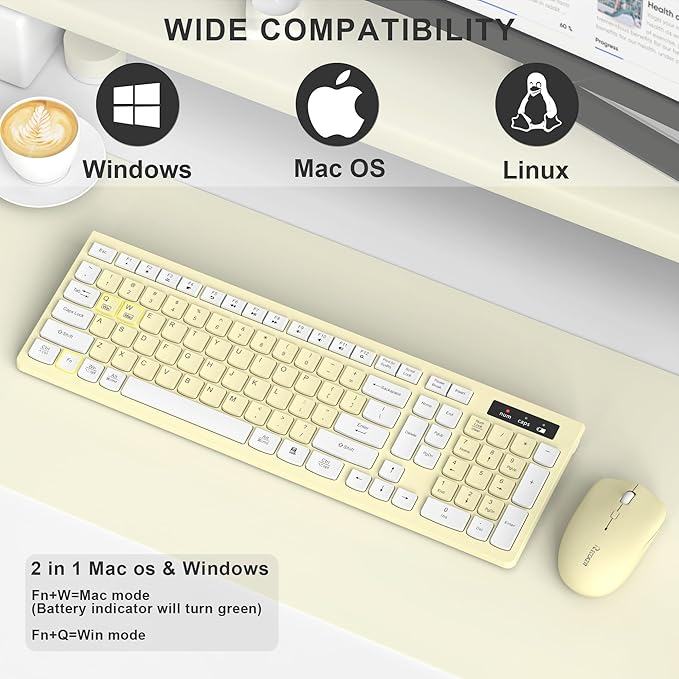 Wireless Keyboard and Mouse Combo, Full-Sized Wireless Keyboard and Adjustable DPI Mouse, 2.4GHz USB Receiver, Keyboard and Mouse for PC, Windows, Desktop, Laptop (Canary Yellow)