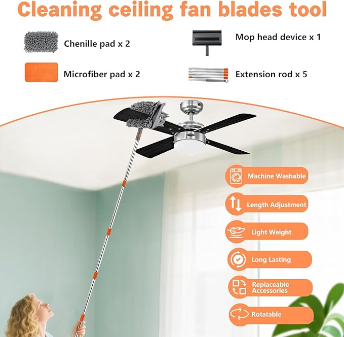 Ceiling Fan Cleaner Duster with 80" Adjustable Pole, with Reusable Microfiber Pad, for Cleaning Fan Blades, Baseboard, Window Glass, Bathroom, Floor