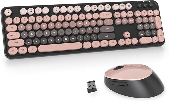 Owpkeenthy Retro Keyboard and Mouse Wireless, Cute Colorful Keyboard with Retro Typewriter Style Full-Sized with Number Pad Round Keys for Desktop, Laptop and Computerr (Gradient Heimei)