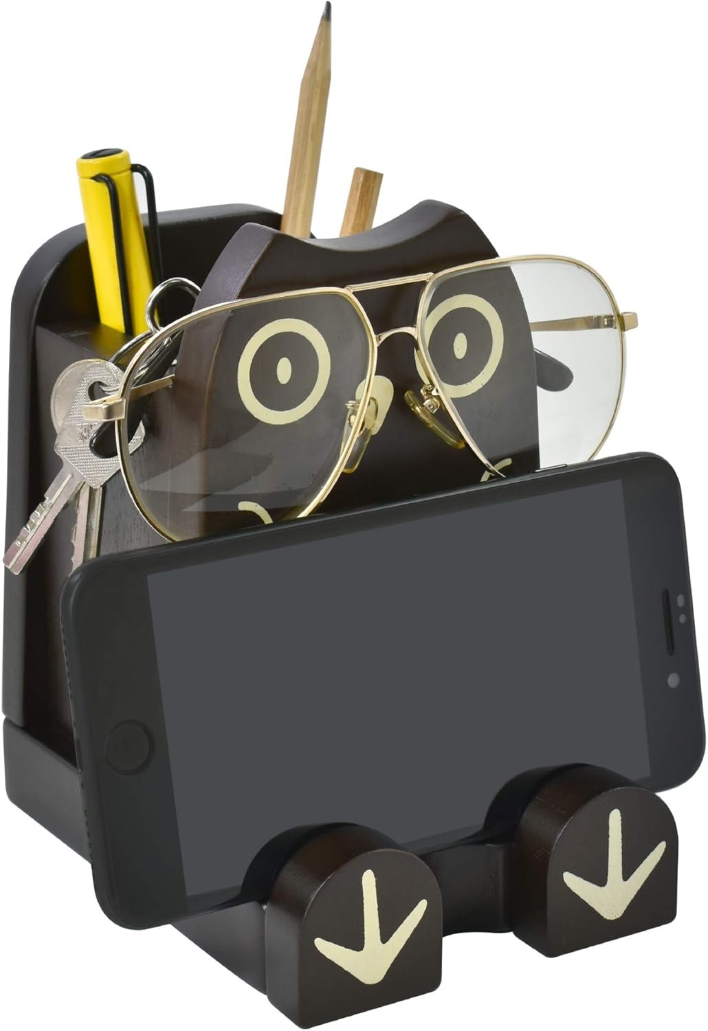 I'm Wood Multipurpose Eyeglass Phone Pen & Pencil Holder Stand Stationery Desk Box Organizer Accessories, Home Office Desktop Decor Birthday Graduation Gifts “Dream Big Aim High” (Owl)