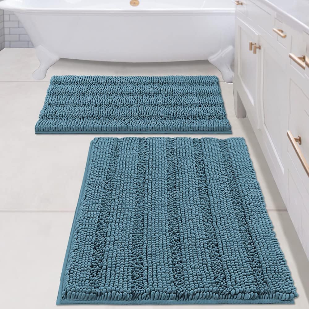 H.VERSAILTEX 2 Piece Bathroom Set - Super Absorbent Chenille Striped Bath Mats - Non Skid, Machine Washable - Turquoise Blue, 24 x 36 Plus 20 x 32 Inches