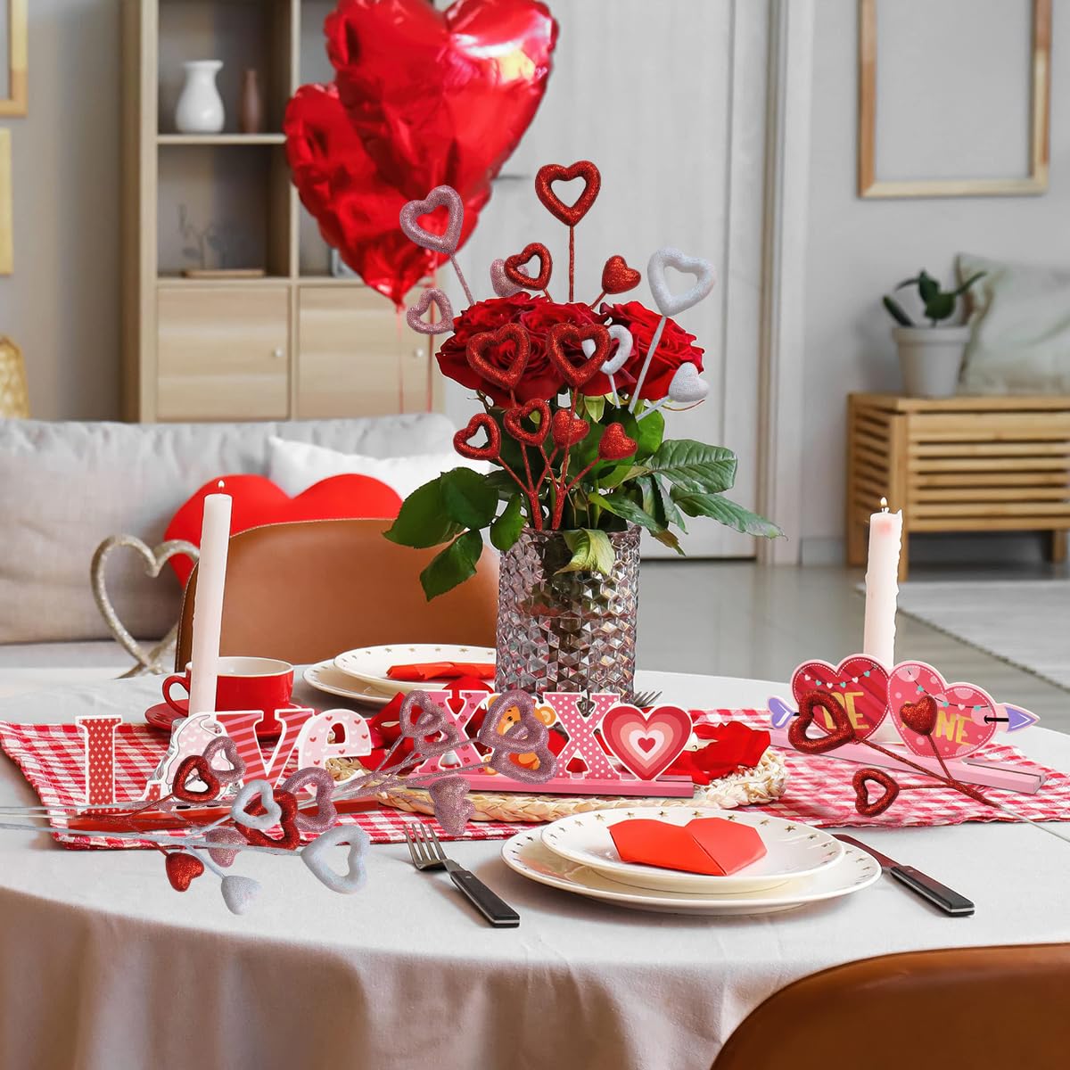 6 Pcs Glitter Heart Picks Valentine's Day Puffy Foam Hearts Floral Sparkly Sticks for Valentine Wedding Arrangements Party Vase Floral Bouquet Crafts Table Centerpiece Decorations