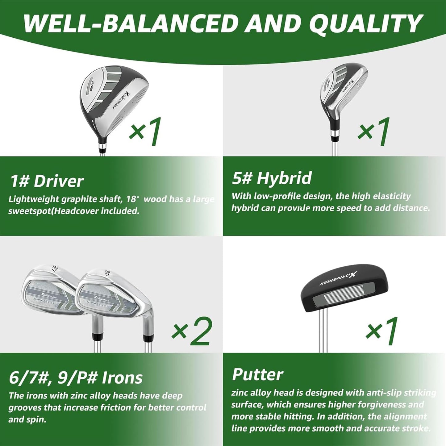 5/6 Pieces Kids Golf Club Set, Junior Golf Club Set Ages 4-12 Includes Stand Bag, 1# Drive, 5# Hybrid, 6/7#, 9/P# Irons and Putter Right Hand for Boys Girls