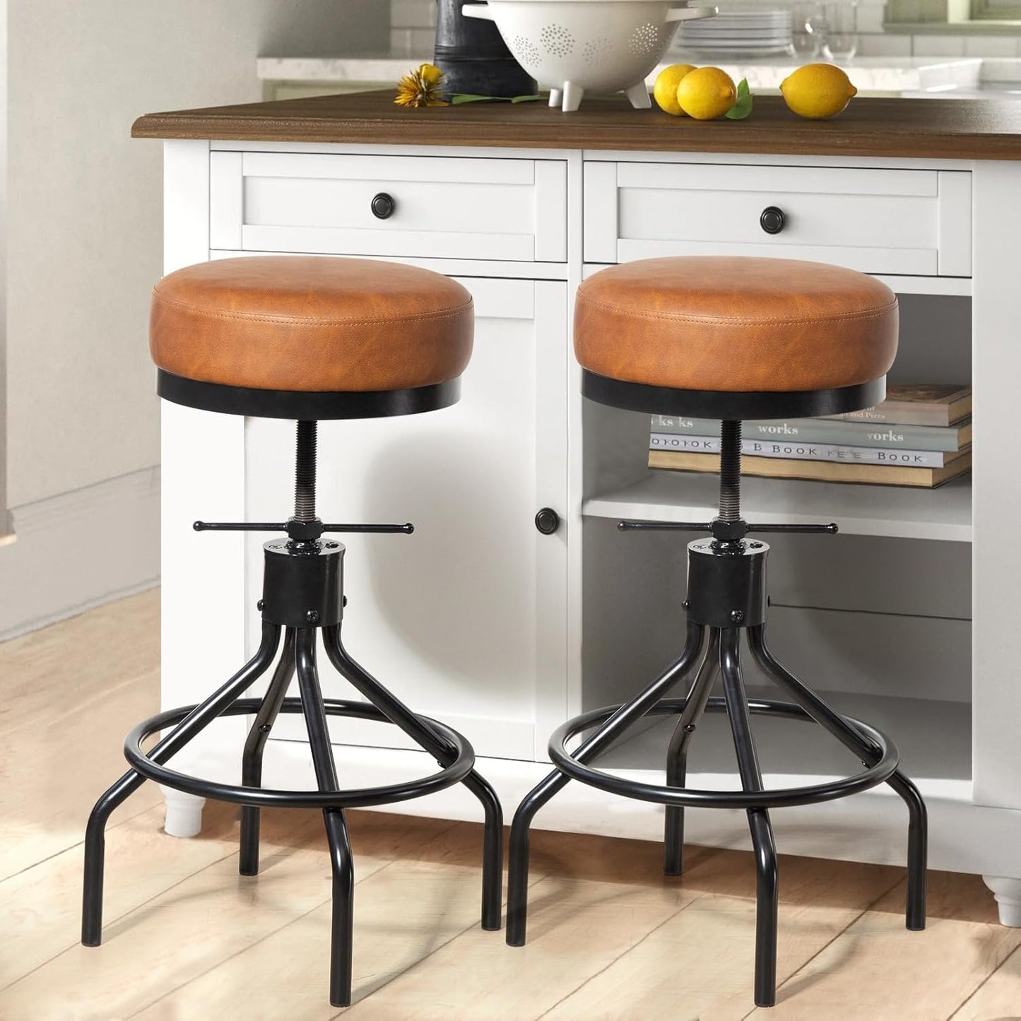 Industrial Bar Stools Set of 3 Adjustable Swivel Barstools Modern PU Leather 28inch Round Backless Counter Height Stool Metal Bar Chair for Kitchen Island (3, Brown)