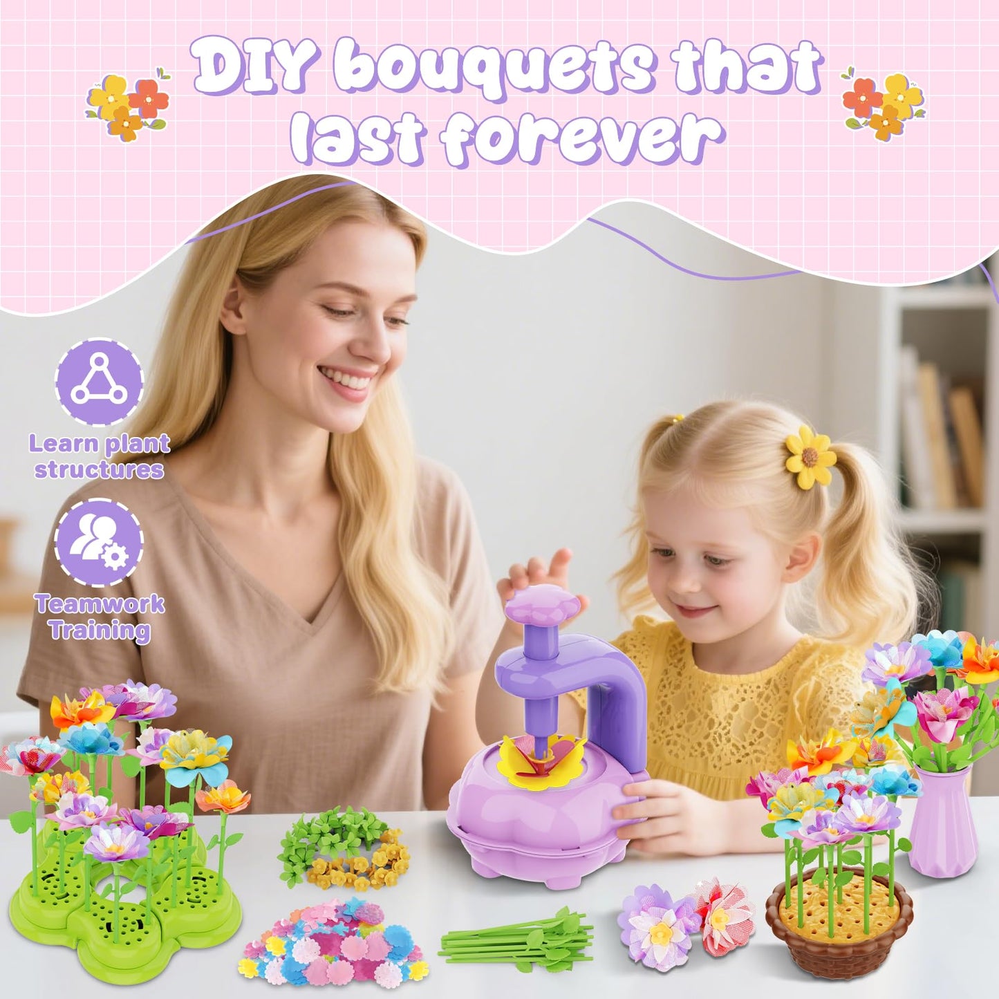 FUNZBO Craft for Girls Kids Ages 6-8-12 - Fabric Flower Making Bouquets Kit, Birthday Gifts for Age 3 4 5 6 7 Years Old Girl, Toddler Spring Summer Garden Toy