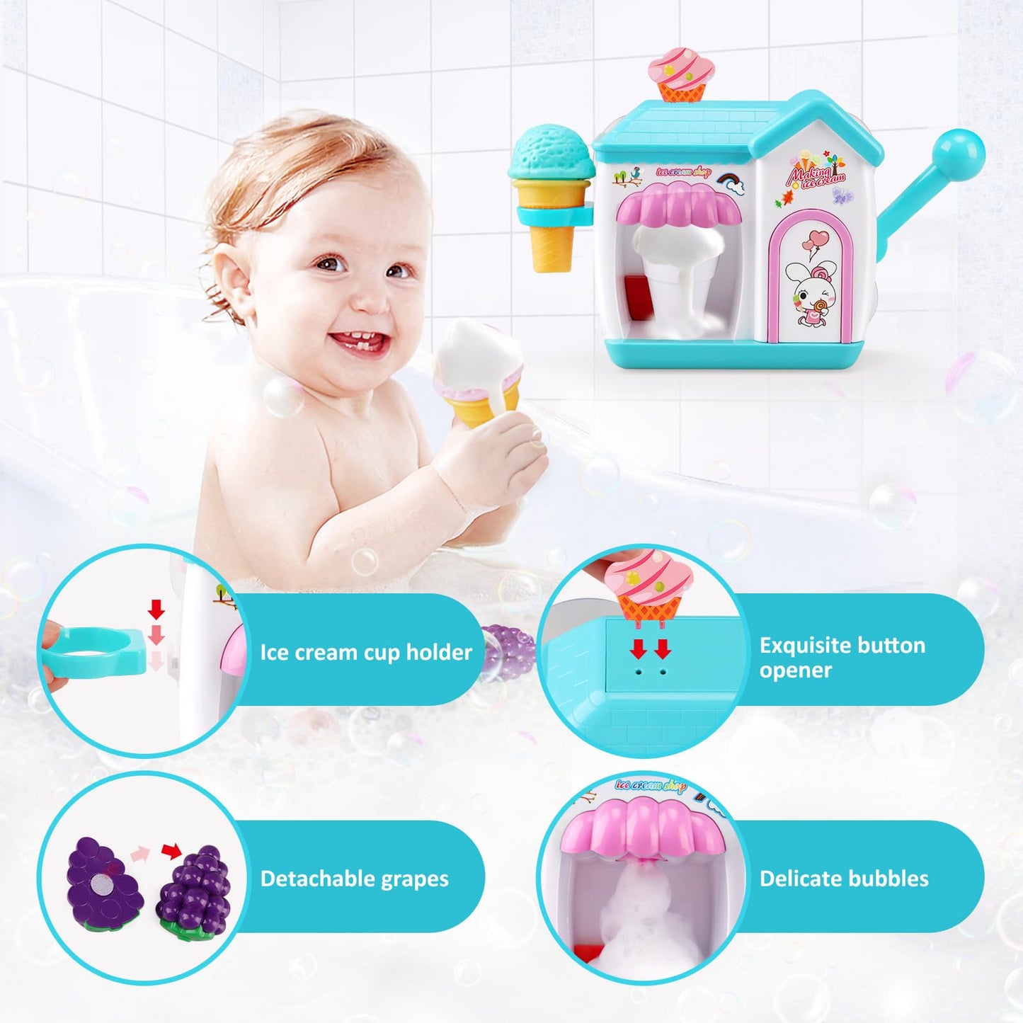 Gretex Toddler Bath Toys for 3 4 5 6 7 8 Years Old Girls, Bubble Ice Cream Maker Bath Toy, Shower Toys, Toddler Bath Toys Age 2-4, Bathtub Bubble Machine, Toy for 3 4 5 6 7 8 Years Old Boys Girls
