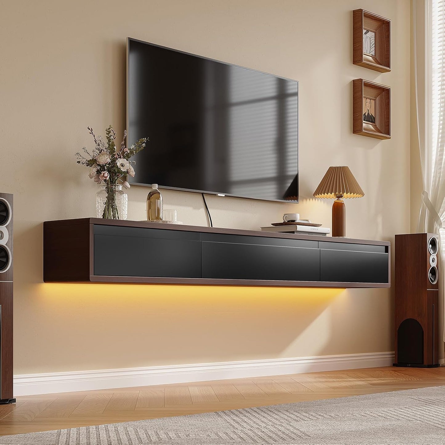 Floating TV Stand Matte Finish, 86'' Wall-Mounted TV Cabinet,Floating TV Console,Under TV Shelf with 3 Doors for Living Room Bedroom(Walnut+Black)