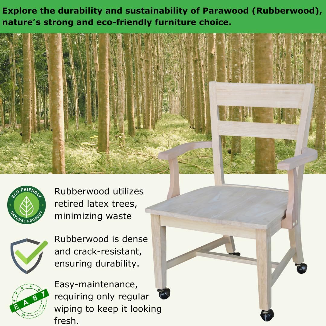 IC International Concepts Dining Chair with Casters, 225lbs wt Capacity, Solid Real Wood, Sturdy Parawood, 24.4"W x 22"D x 35"H, DIY, Paint/Stain Ready, Unfinished