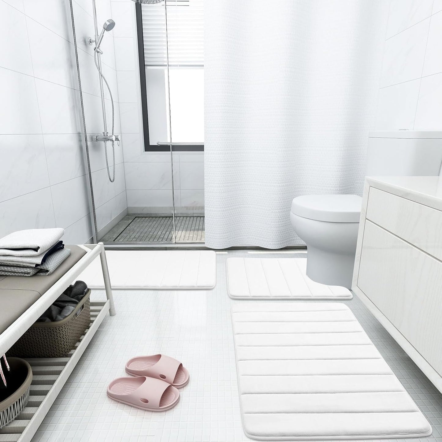 Buganda Memory Foam Bath Mat, 59" x 17", Ultra Soft and Non-Slip Bathroom Rugs, Water Absorbent and Machine Washable Bath Rug Runner for Bathroom, Shower, and Tub, White