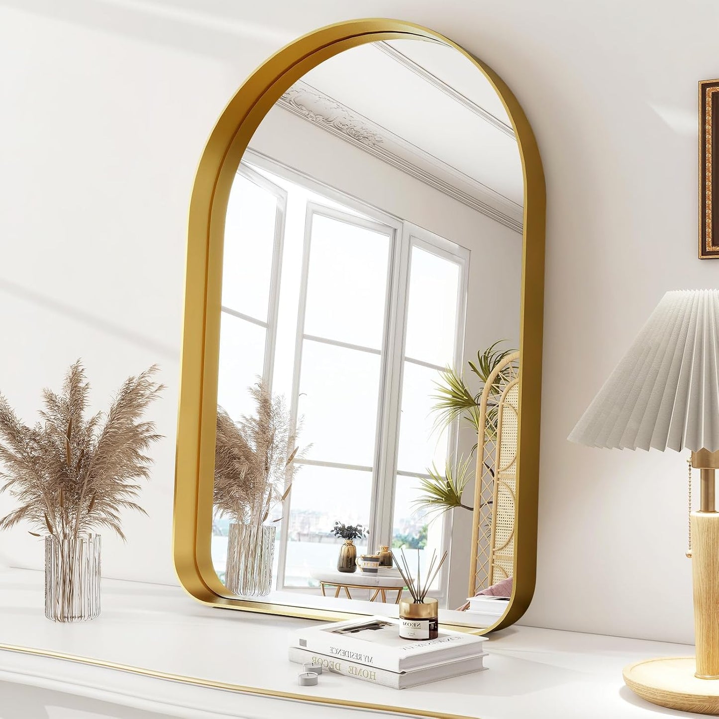 Arched Bathroom Mirror - 38x26 Inch Gold Bathroom Mirror for Wall - Aluminum Alloy Framed Mirror - Arched Top Bathroom Vanity Mirror for Living Room, Bedroom, Mantel, Entryway, and Hallways