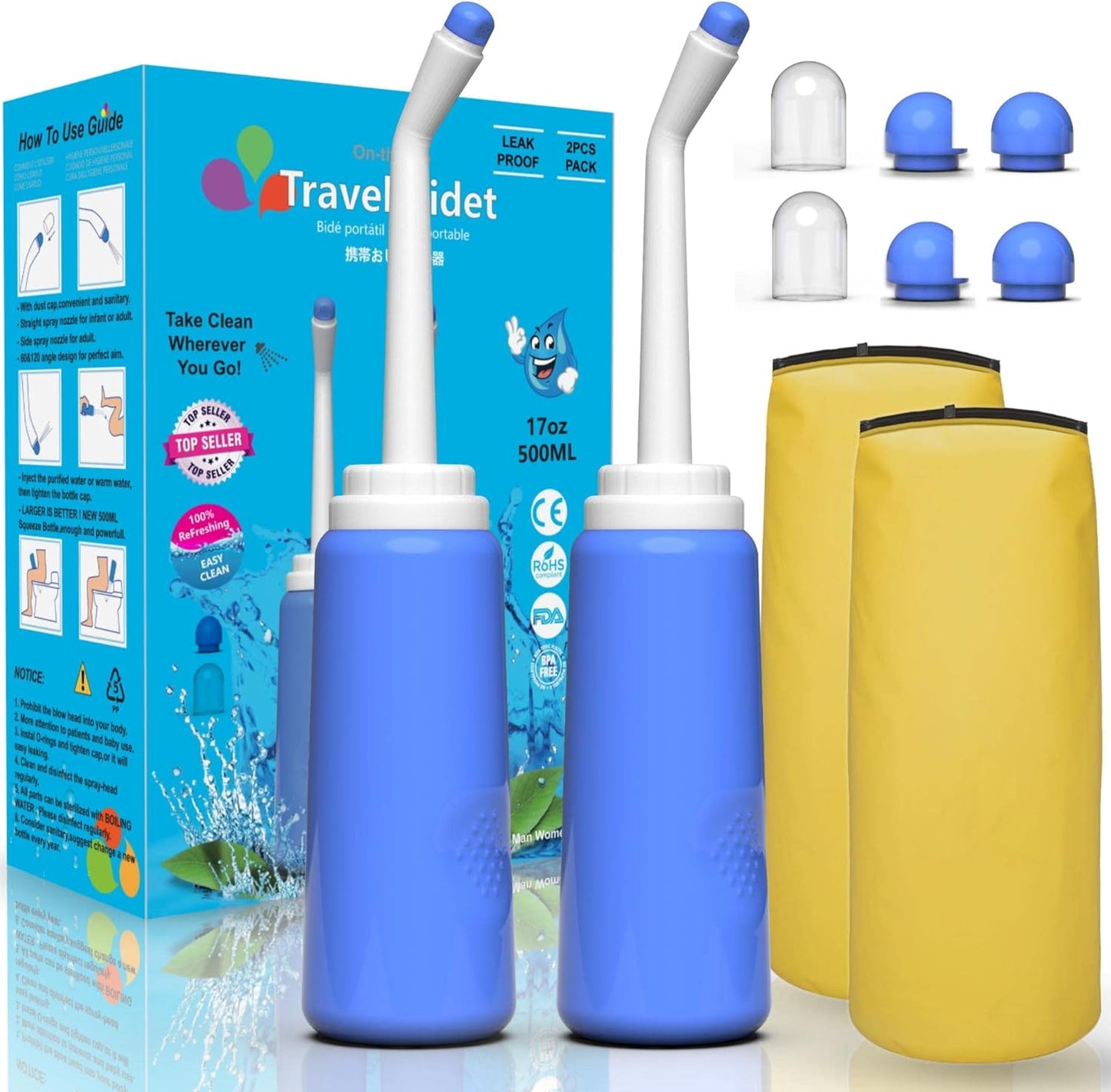 2PCS Portable Bidet - Squeeze Momwasher Bottle 500ml 17oz - Portable Shower-Travel Bidet Toilet Bottle for Adult Women,Postpartum Care,Hemorrhoids,Post-Surgery Recovery, Moms,New Baby & Eldery
