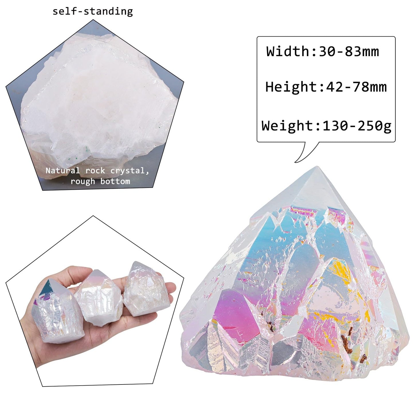 mookaitedecor Angel Aura Quartz Natural Rock Quartz Titanium Coated Crystal Points, Geode Rocks Crystal Cluster Stone Specimen for Meditation Home Decor, White
