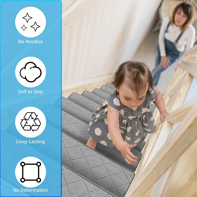 Art3d Stair Treads for Wooden Steps 15Pcs, 8" X 30" X 0.4“ Non Slip Stair Runner Rugs with Reusable Adhesive for Elders Kids and Dogs, Machine Washable Peel and Stick Stair Treads Carpet, Gray