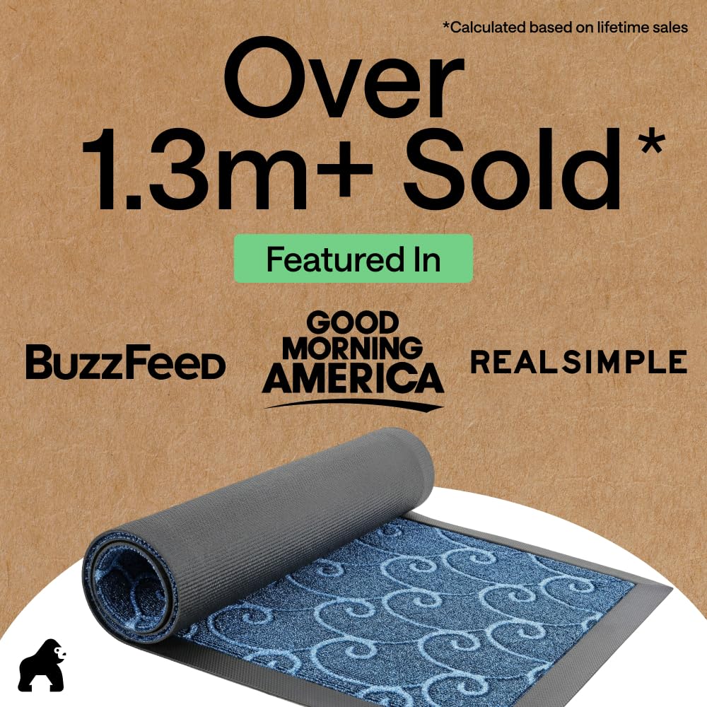 GORILLA GRIP 100% Waterproof All-Season WeatherMAX Doormat, US Designed Natural Rubber, Stain and Fade Resistant, Low Profile Indoor Outdoor Door Mats, Easy Clean Patio Mat, 29x17, Ocean Blue Waves
