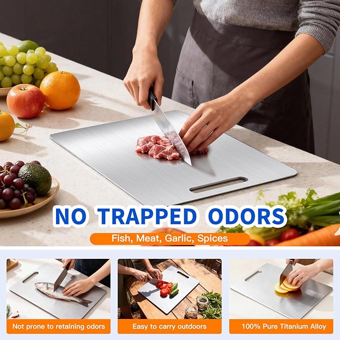 Titanium Cutting Board Set of 1, 15 * 11.5inches,Titanium Cutting Boards for Kitchen, Food Grade Metal Double Sided Chopping Boards for Kitchen Counter Meat Vegetable Fruit Outdoor Camping