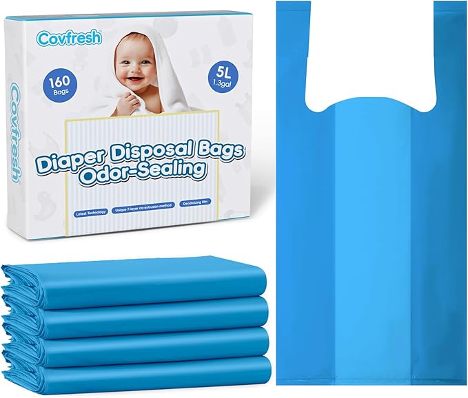 Odor Sealing Disposable Diaper Bags with Tie Handle, 160 count, Large Capacity, Unscented & Durable Diaper Trash Bags for Home & Baby Travel Use (Color:Blue)