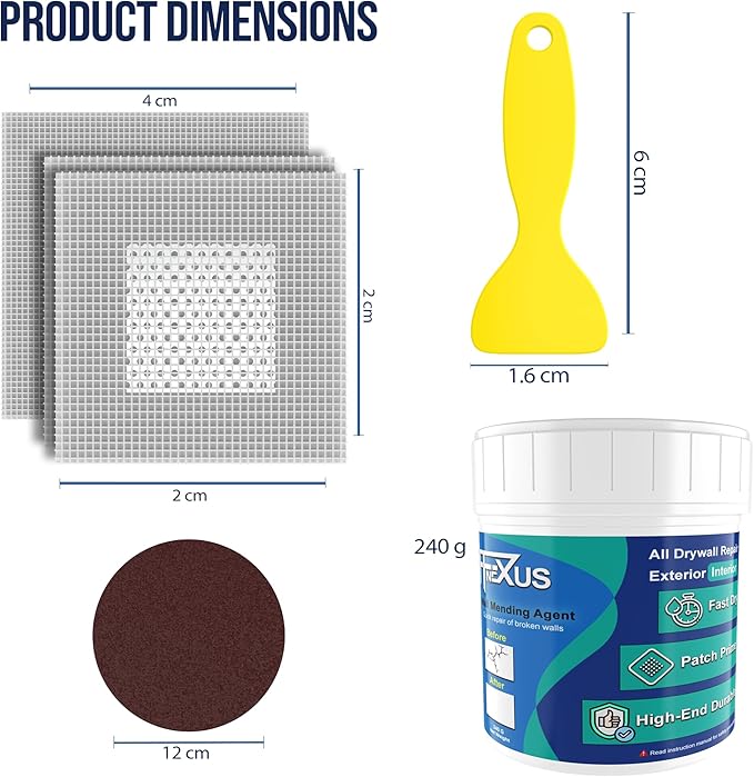 Drywall Repair Kit – 2×240g Putty Jars with 2×2″ & 4×4″ Wall Patch Mesh, Small & Large Scrapers & 2 x P180 Sandpapers | Quick-Dry Spackle & Sheetrock Crack Filler for Wall, Ceiling & Plaster Repair