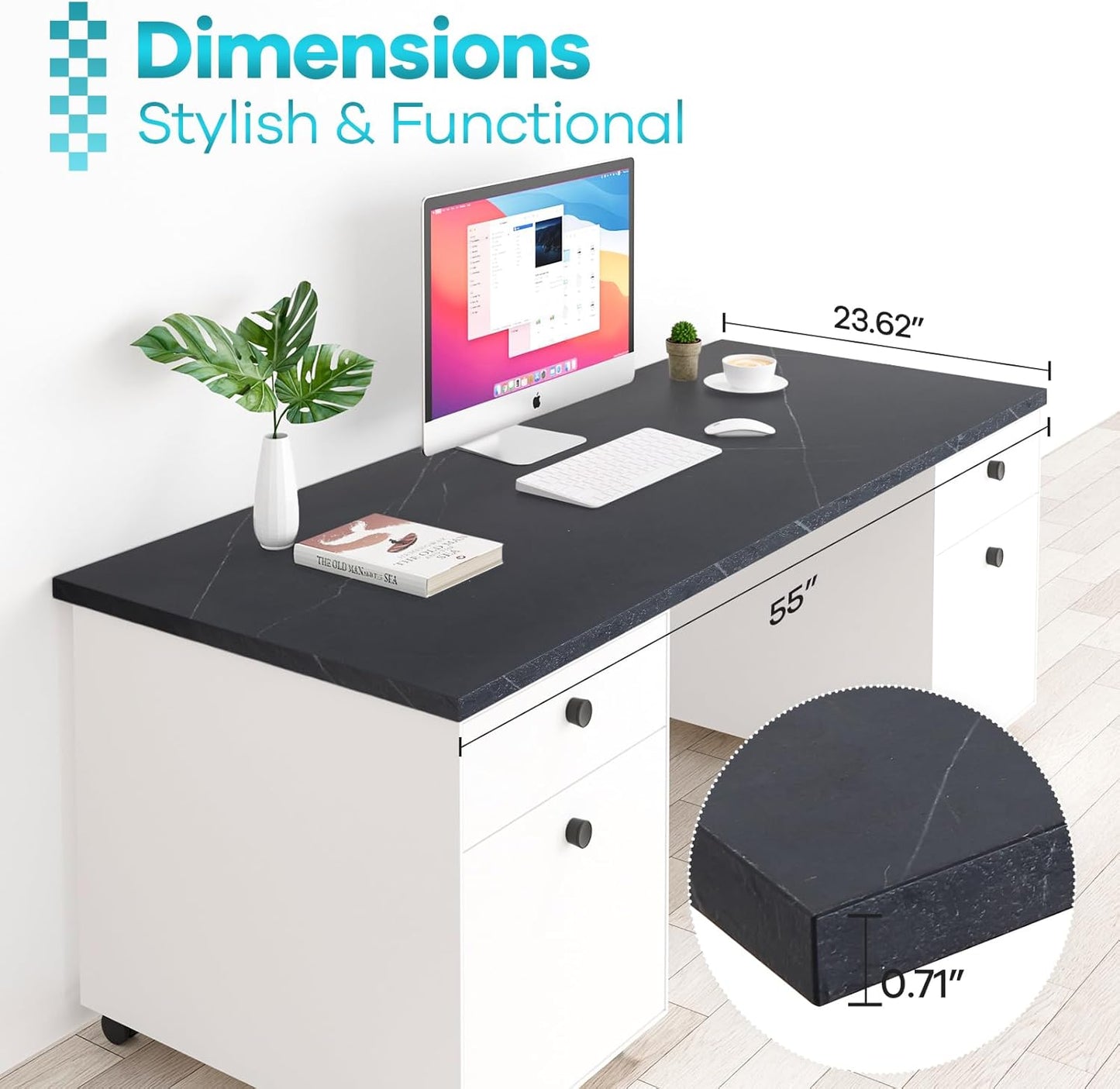 Kaboon Universal Tabletop 55"x23.62" Solid One-Piece Melamine Table Top, Double Desk L-Desk DIY, Home and Office Countertop,Cloud Atlas/Black Marble