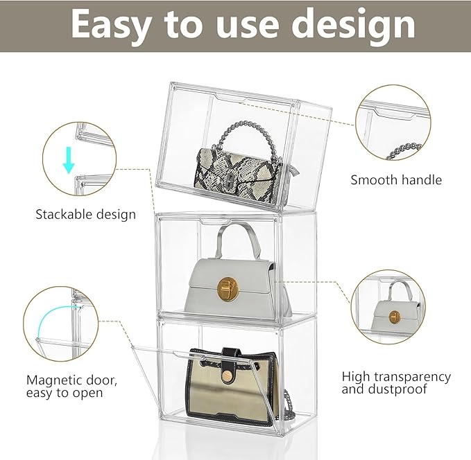 Attelite Plastic Purse and Handbag storage Organizer for Closet, Clear Acrylic Display Case with Magnetic Door for Wallet, Book, Cosmetic, Clutch Organization 3 Pcs