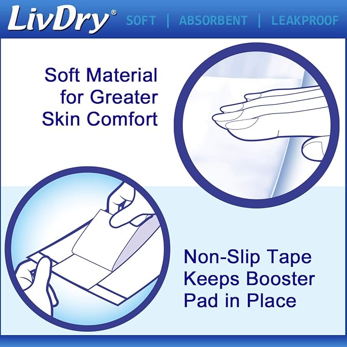 LivDry Incontinence Booster Pads, Use with Adult Diapers for Women and Men, Extra Comfort Softness, Disposable Pad (128 Count, Long Length)