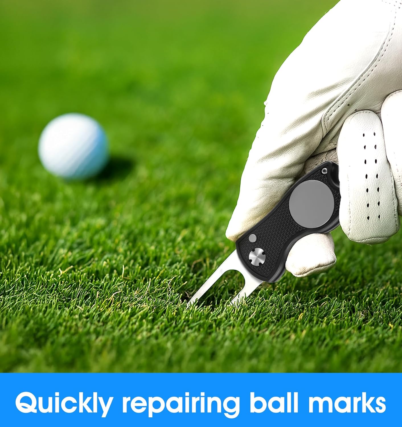 Divot Repair Tool with Ball Marker, Metal Foldable Golf Tool with Pop-up Button Magnetic Marker, Portable Pitch Mark Repair Accessory (Black)
