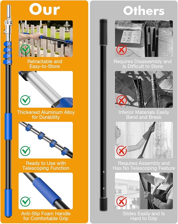 Telescoping Pole, 7-30 Ft with Joint Angle & Squeegee Adaptor, Aluminum Telescopic Paint Roller Extension Pole & Extendable Pole, Anti-Slip Foam Grip, Multi-Purpose Gutter Window Dust Cleaning Pole
