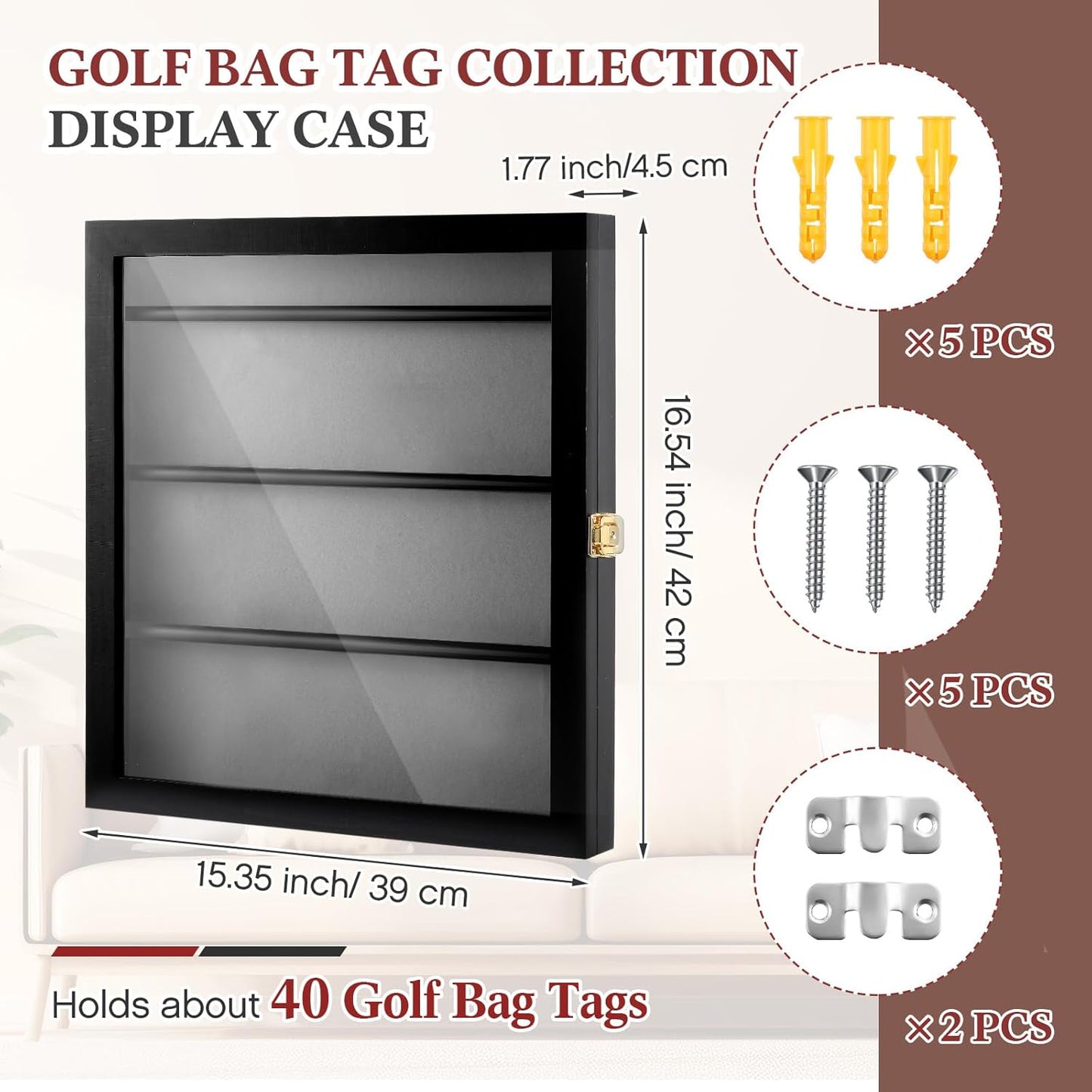 Golf Bag Tag Collection Display Case Holds 40 Bag Tags 16.54 x 15.35 x 1.77 Inch Wall Mount Wooden Shadow Box W/98% UV Acrylic Door Lockable Storage Display Box for Collection