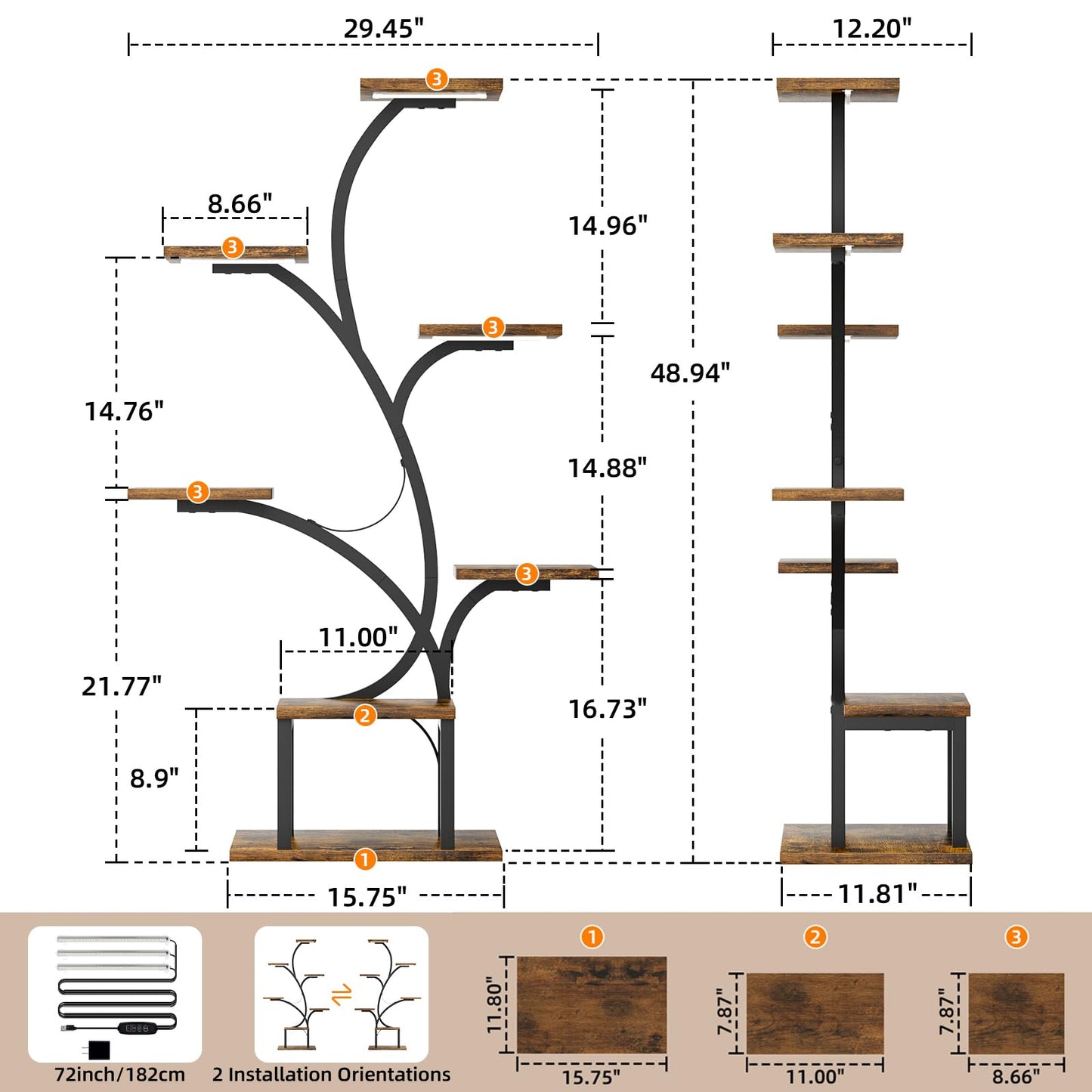 BACEKOLL Plant Stand Indoor with Grow Lights, 7 Tiered Indoor Plant Shelf, 49" Corner Plant Stands for Indoor Plants, Metal Plant Flower Display Shelf, Tree-Shaped Plant Rack for Home, Patio, Brown