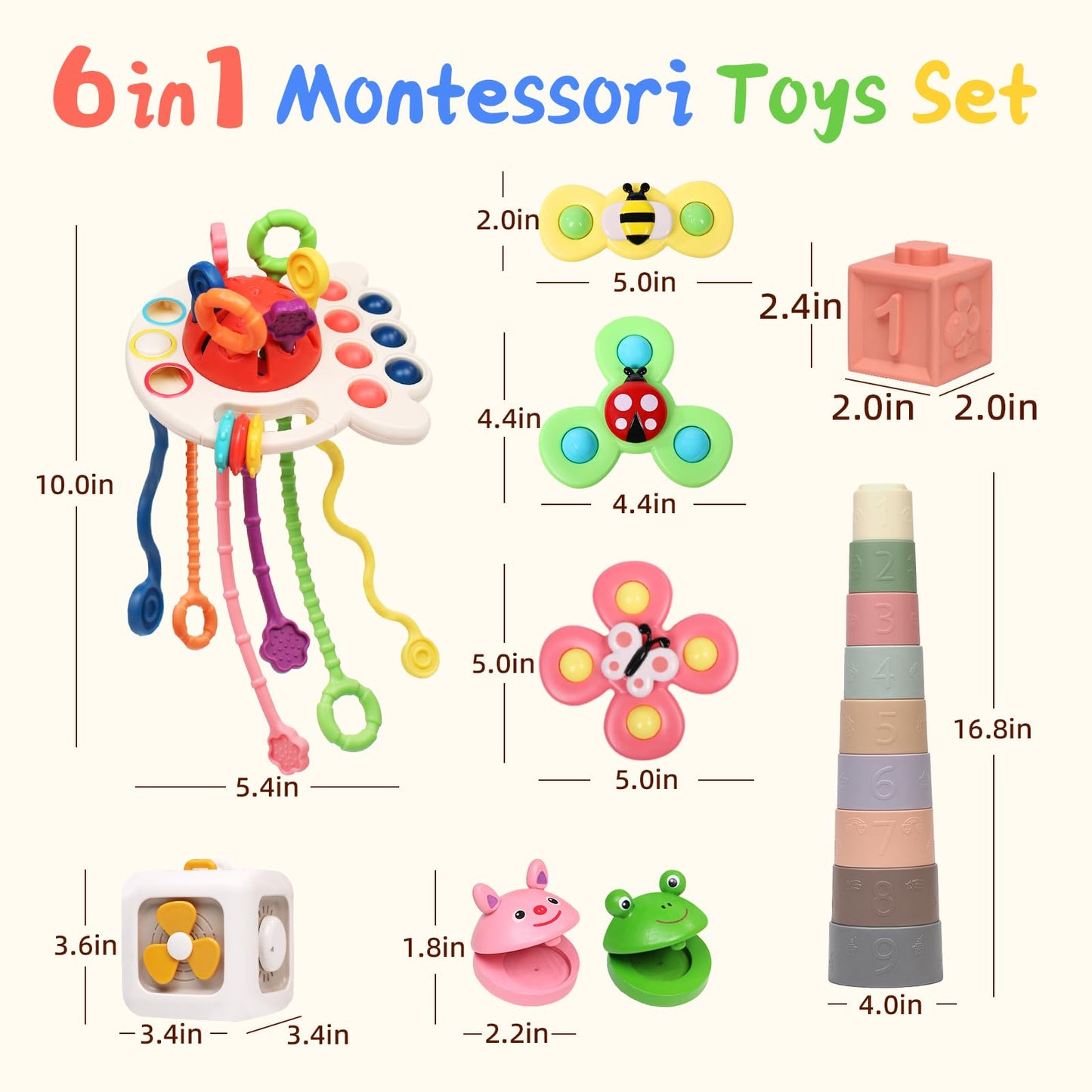 MTTIERY Baby Toys 6-12 Months, 6 in 1 Montessori Toys for Toddlers 1-3, Infant Sensory Pull String Toy, Fidget Spinners Soft Baby Blocks Stacking Cups, Baby Gifts for 1 Year Old