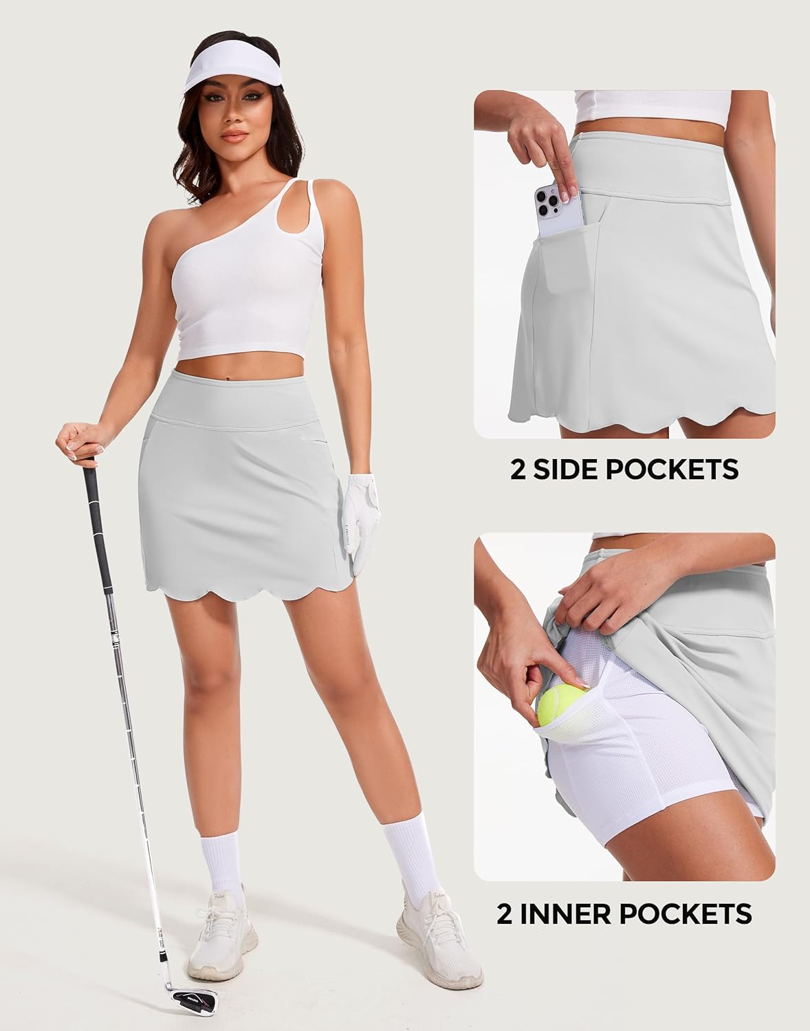 M MOTEEPI Skorts for Woman with Pockets 16" Golf Athletic Skirts Scalloped Hem Tennis Skirt Dressy Casual
