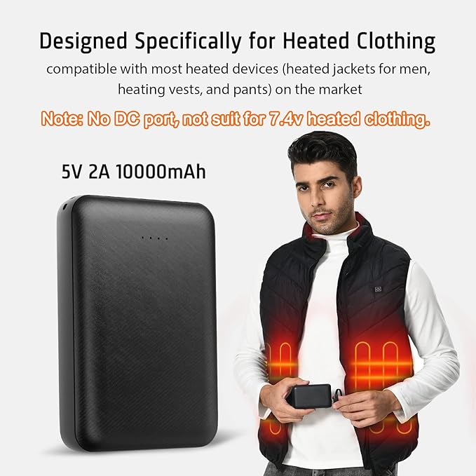 5V 2A Rechargeable Battery Pack for Heated Vest 10000mah Heated Jacket Battery Power Bank for Heated Vests Heated Jackets Heated Hoodies for Men Women(No DC Port, Not Suit for 7.4v)